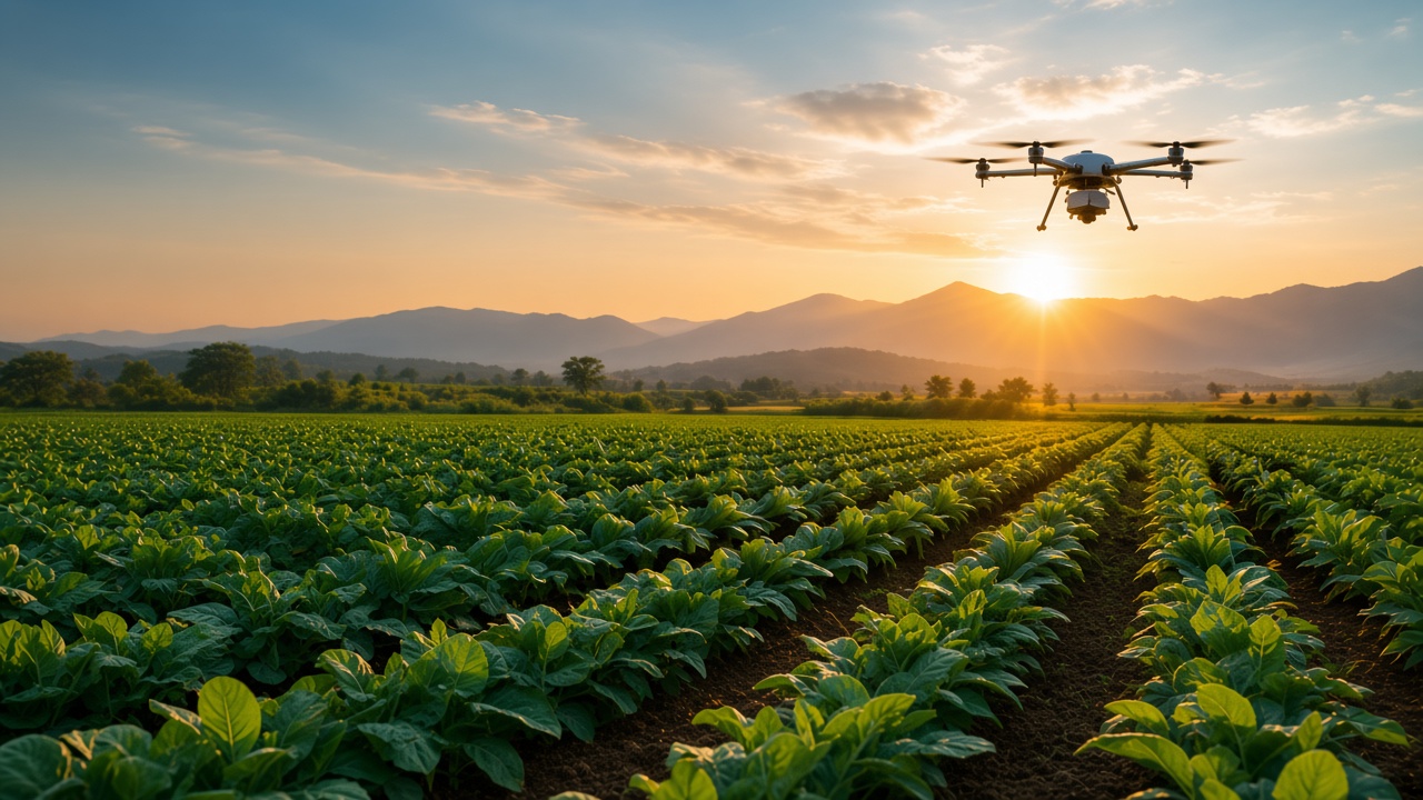 Agricultural fields at sunset